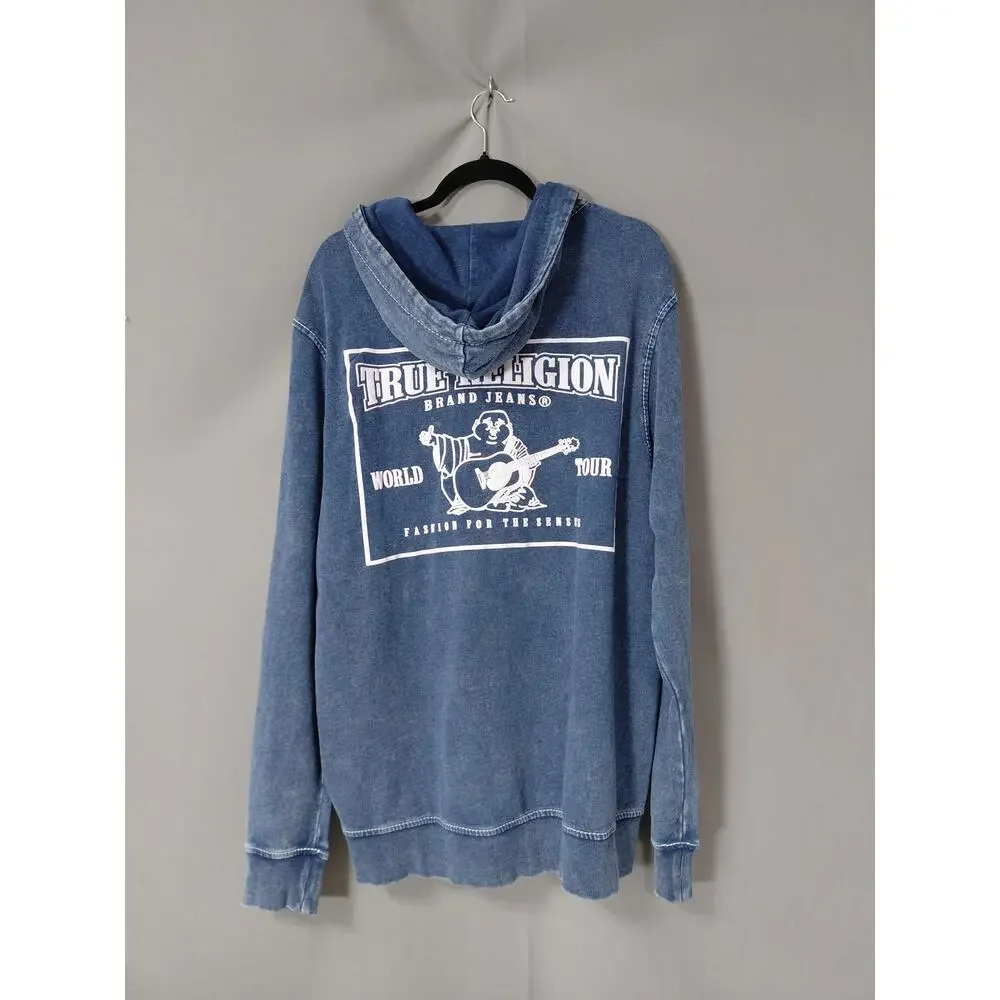 True Religion Blue Knit Full Zip Hoodie Graphic Sweatshirt Men Size XL